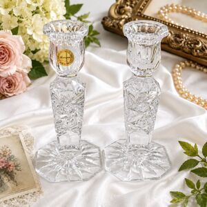 Vintage Lucyna Crystal Poland 6" Cut Glass Candlestick Holders Pair